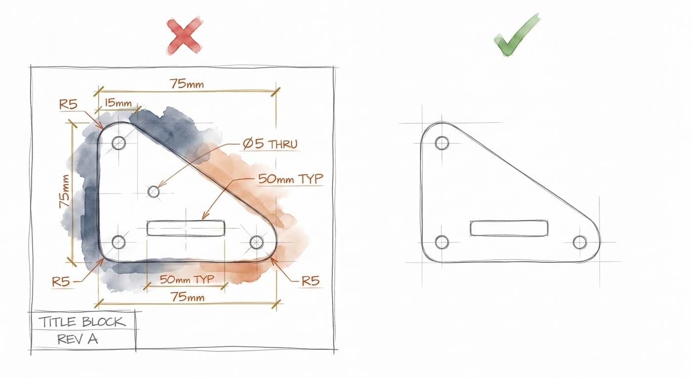 Your DXF file should contain the cut path only — no borders, no title blocks, no dimensions. Notes and tolerances belong on a separate blueprint.